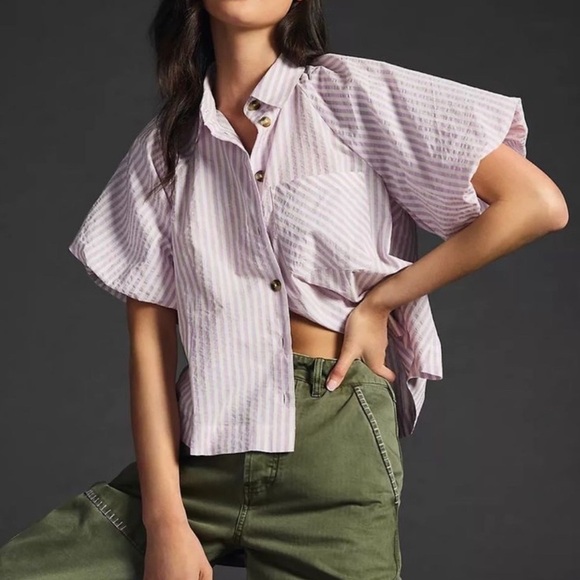 Maeve By Anthropologie The Zooey Bubble-Sleeve Blouse Button Down Striped XL - Picture 7 of 13